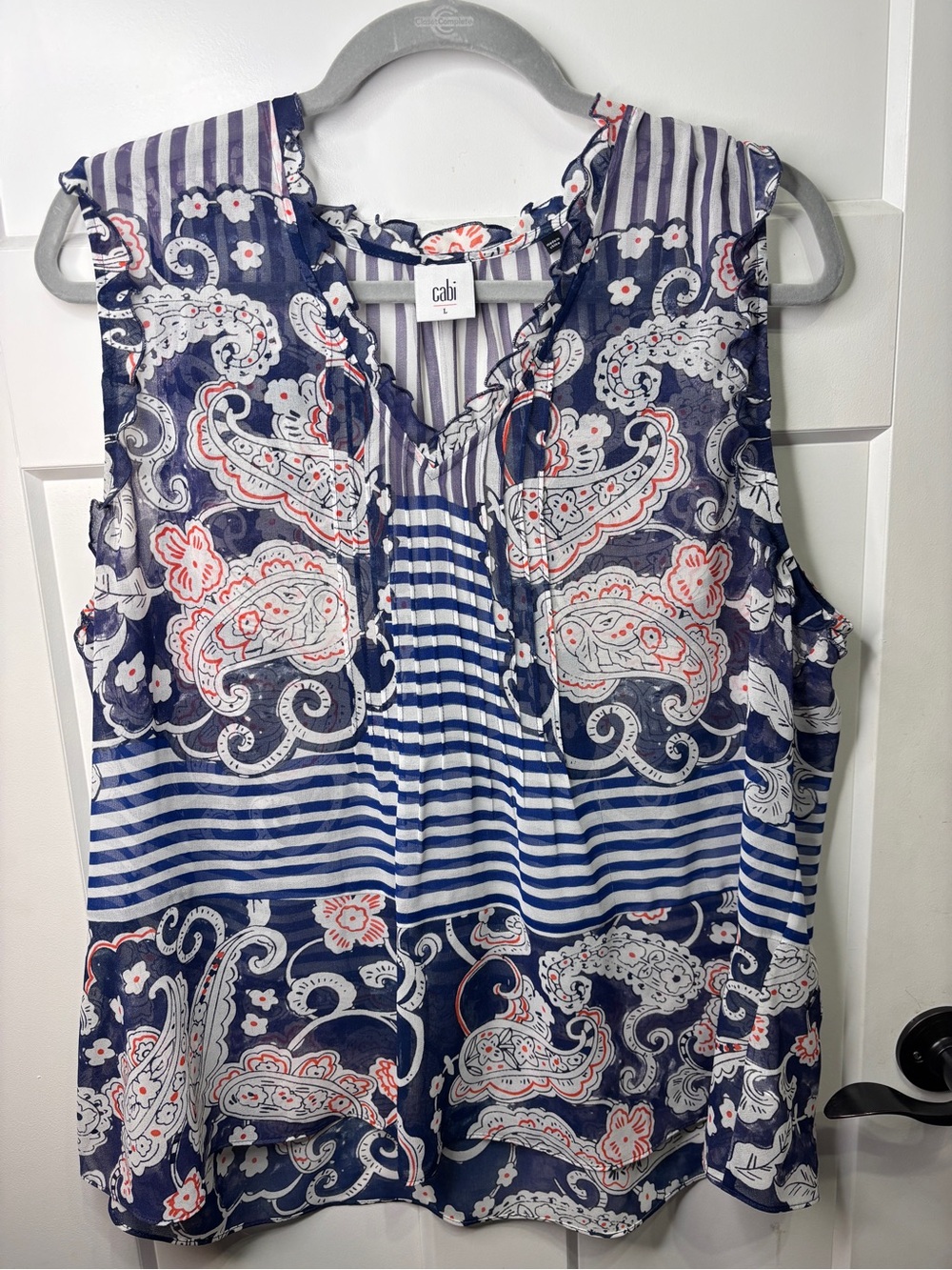 CAbi Navy, White & Coral Paisley Stripe Sleeveless Camisole